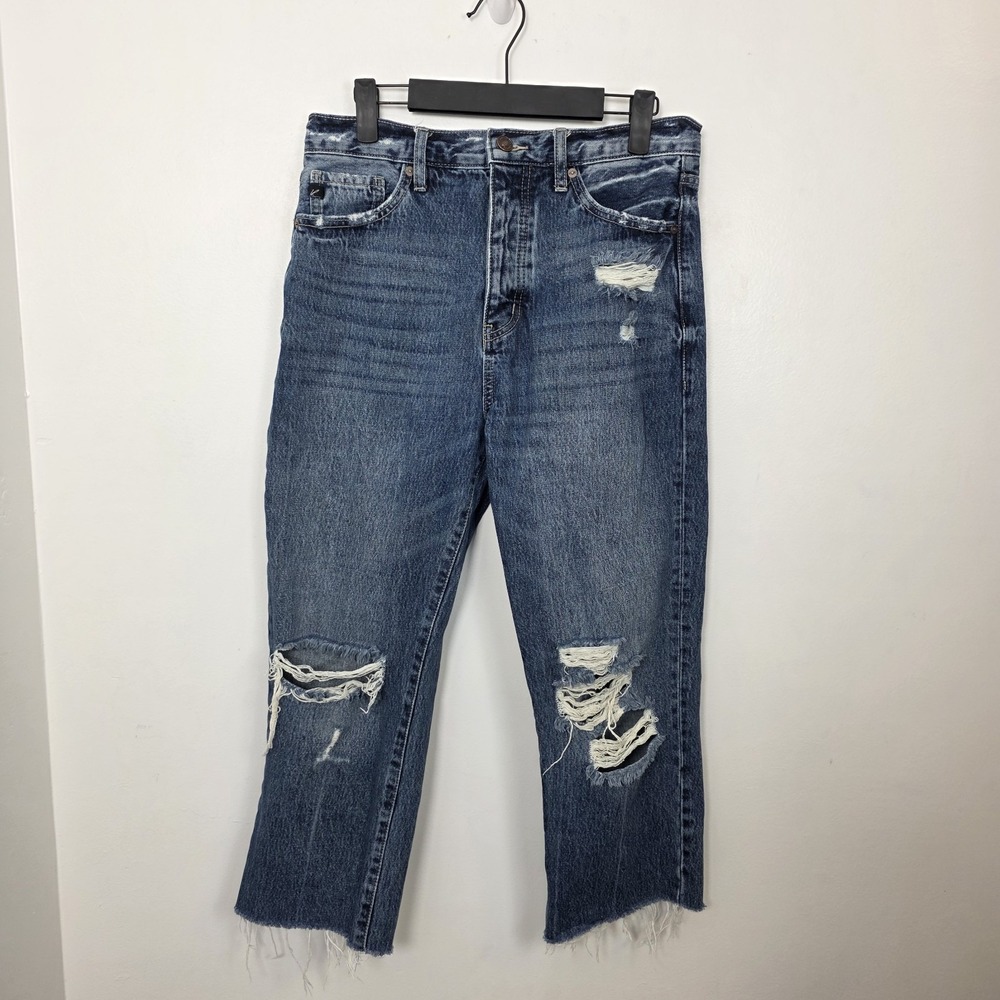 Kancan Medium Wash Distressed Raw Hem‎ High Rise Straight Cropped Jeans Size 27
